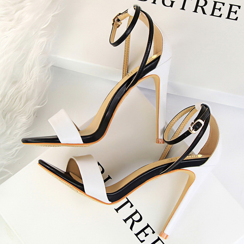 Leather Work Heels - Women Black-White Concise Leather 11cm High