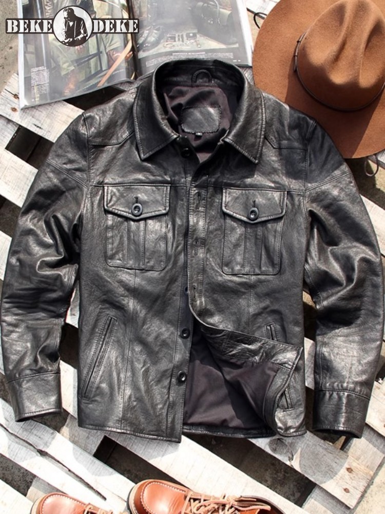 Leather Work Jacket Mens - Punk Mens Genuine Leather Jacket Vintage